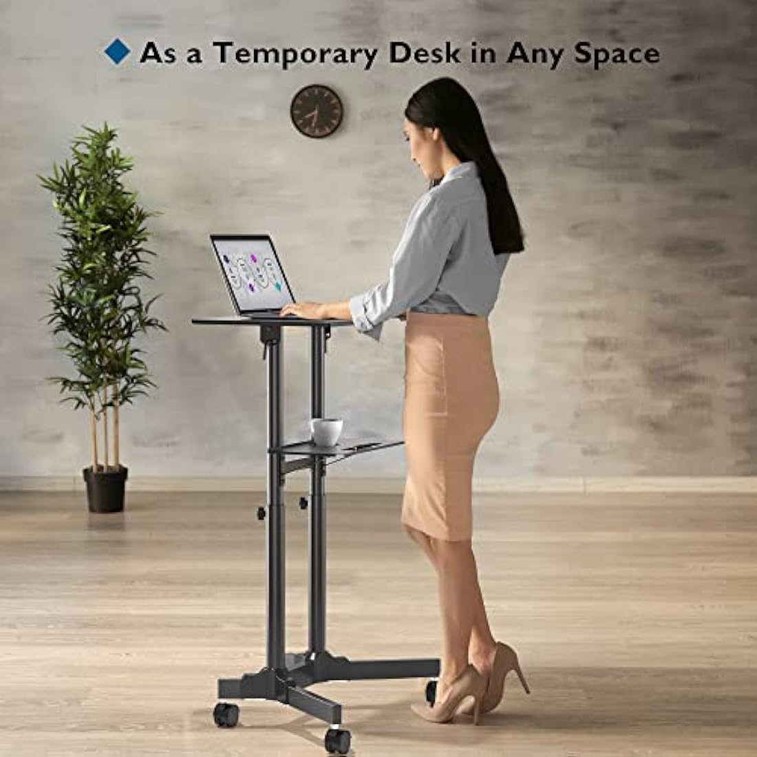 BONTEC Adjustable Mobile Laptop Desk, Rolling Stand-Up Desk with Wheels, 60x40 cm Height Adjustable, Portable Podium, Ergonomic Tilted Top Platform, Mobile Workstation for Home Office