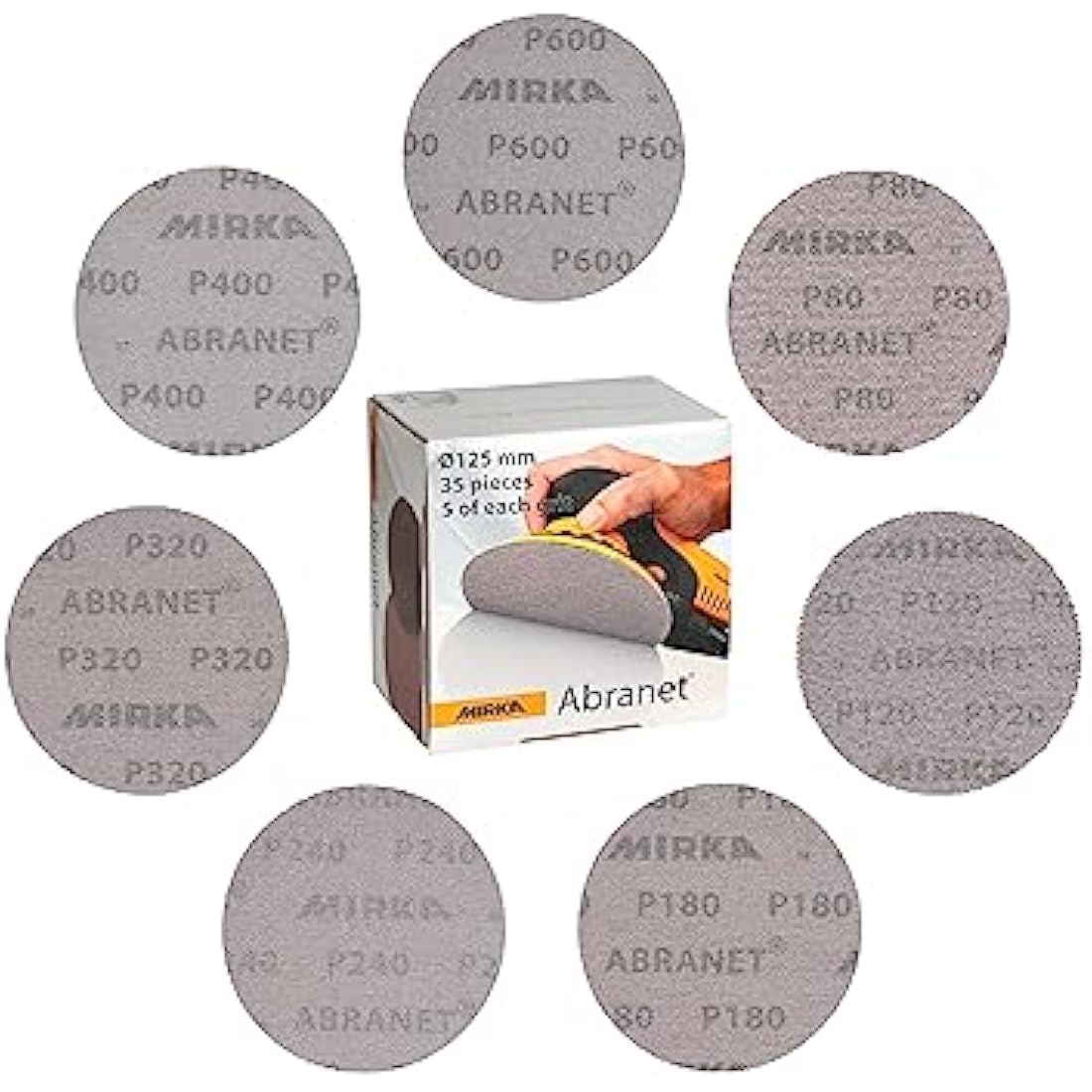 Mirka Abranet net sanding discs Ø 125 mm Hook & loop/Mix-pack 5 pcs of each grit size 80, 120, 180, 240, 320, 400, 600/35 pcs/For all 125 mm orbital sanders and grinders