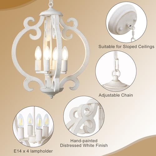 LynPon 4 Lights White Farmhouse Chandelier Ceiling Light Rustic French Light Fittings Ceilings Hanging, Antique Vintage Wood Pendant Light for Dining Room Kitchen Living Room Bedroom Hallway