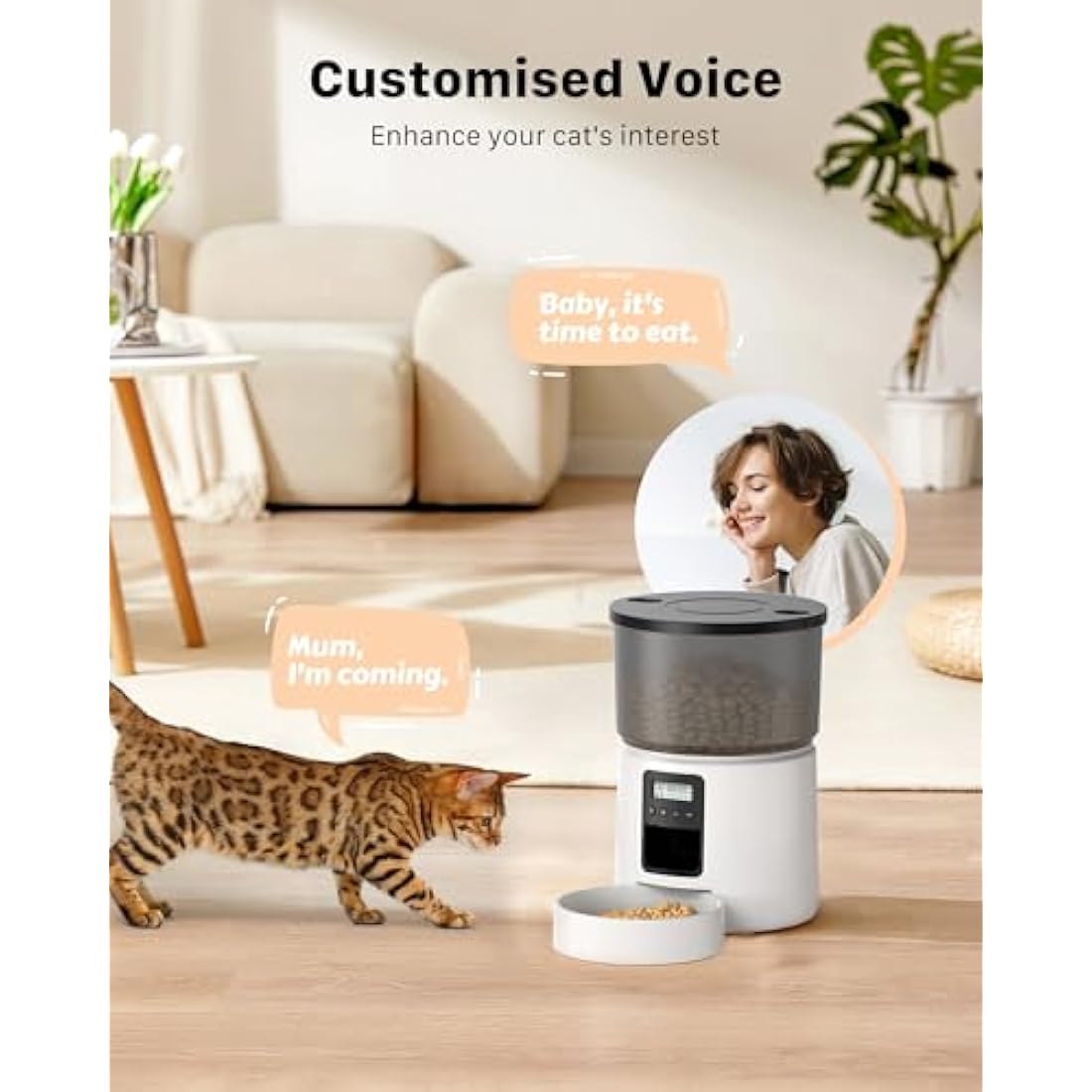 BEMOONY Automatic Cat & Dog Feeder, 5L Food Dispenser with 1-6 Meals, Customized Schedule, Dual Power, Double Lock, 10s Voice Reminder, White