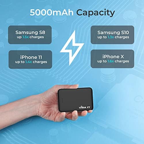 Vida IT Small Power Bank for Heated Vest Scarf Jacket 5V 2A External Battery Pack Portable Charger for iPhone 7 8 X Samsung Galaxy S8 S9 S10 Huawei Android Mobile Phone, 5000mAh Mini USB Power Pack