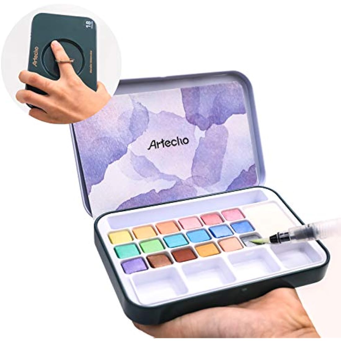 Artecho Watercolour Paint Set,18 Metallic Colors, Watertbrush Pen Included, Lightweight and Portable,Watercolour Paints for Artists and Beginners