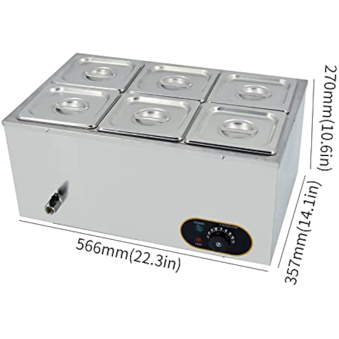 Commercial Food Warmer Stainless Steel Bain Marie Buffet Warmer 1500W, Temperature Range 30-85 °C, GN 1/6 Containers -150mm x6 Pans with Lids, Drain Tap