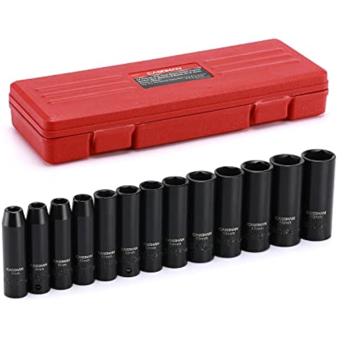 CASOMAN 3/8-Inch Drive Impact Socket Set, 6-Point, Metric, Deep, CR-V, 7mm to 19mm, 13 Piece Set