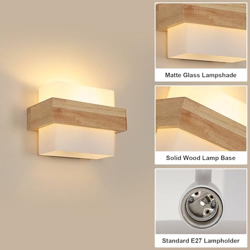 DELIPOP Wooden Wall Lights Indoor, E27 Modern Minimalist Design Wall Lamp, Wood Wall Lighting Fixtures 3 Lighting Colours 3000K/4500K/6500K for Living Room Bedroom Corridor Stairs