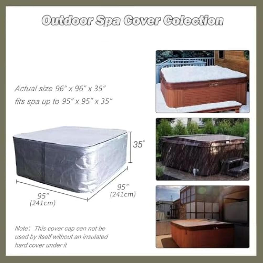 YUJHON Insulated Hot Tub Cover 170G Polyethylene Thermal Insulation Spa Cover Protector Waterproof Hot Tub Cover Replacement (95“x95"x35")