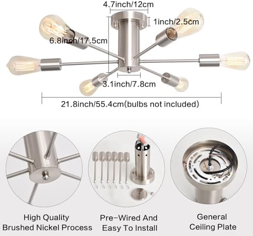 MRHYSWD Sputnik Ceiling Light Nickel Modern Light Fittings Ceilings, 6 Lights Vintage Ceiling Lamp Industrial Ceiling Lights Living Room Bedroom Kitchen Hallway Bath, Without E27 Bulbs