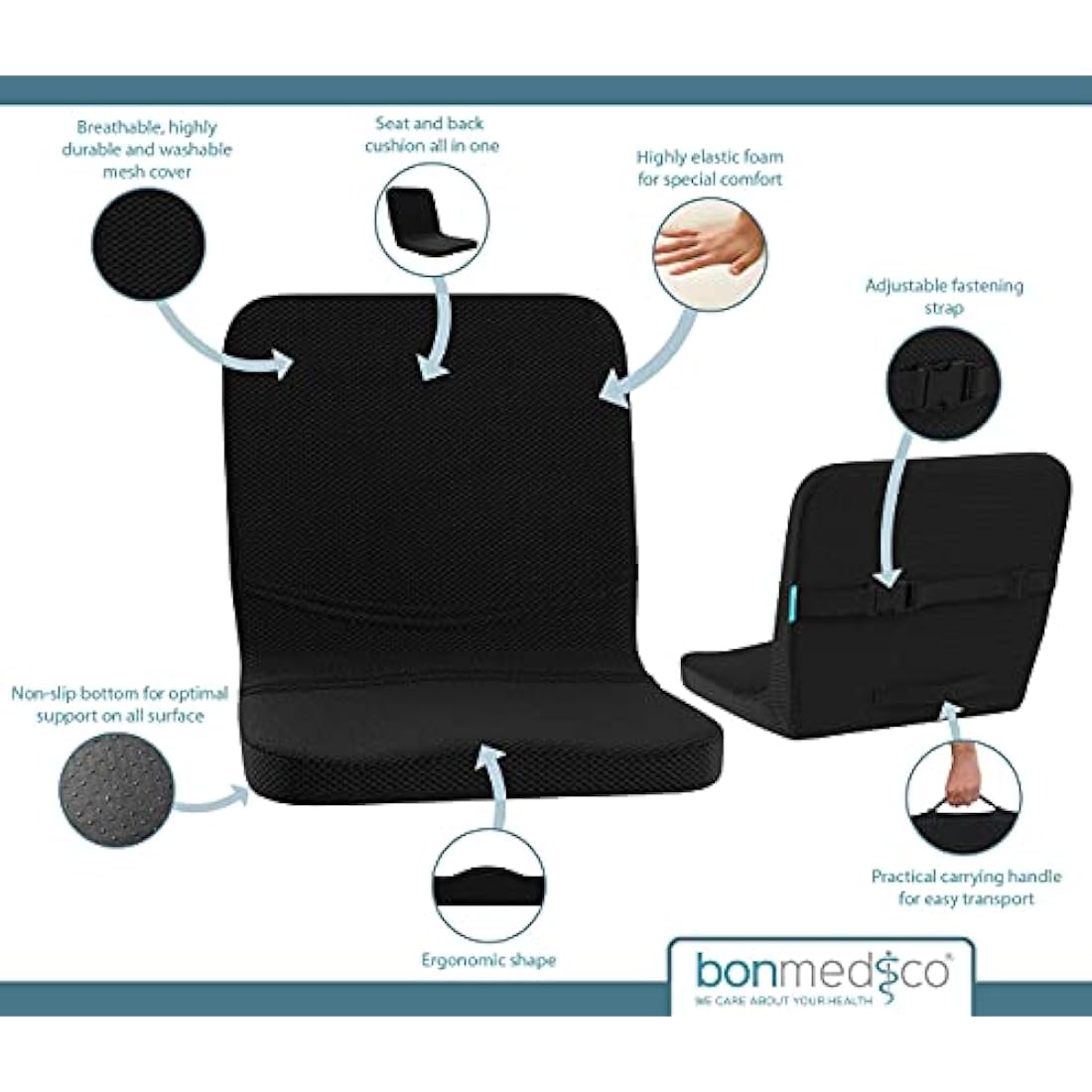 bonmedico Back Support for Office Chair - Ergonomic Seat Cushions and Back Support Cushion for Lumbar Support - Portable & Washable Non-Slip Bottom- Gifts for Mum and Dad - Black