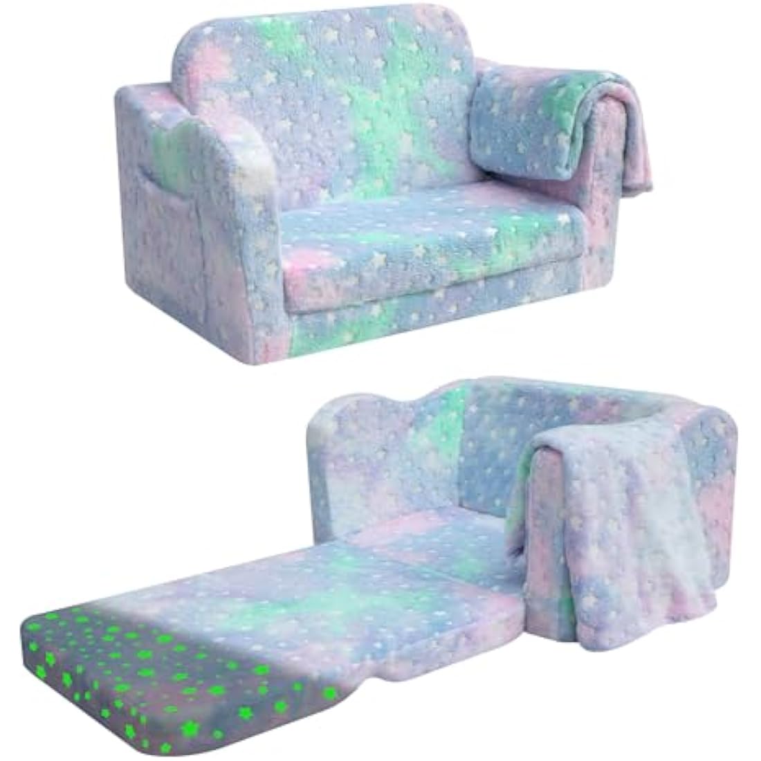 MeMoreCool Kids Couch, Folding Kids Sofa Bed, Toddler Convertible Sofa Chair to Lounger Pull Out Couch for Playroom, Glow In The Dark