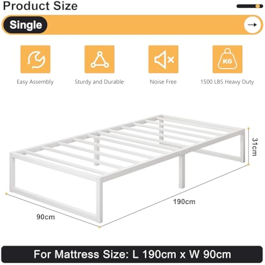 Yicensen Single Bed Frame 90x190 cm, Metal Bed Frame Single with Steel Slat Support, Easy Assembly, Noise Free, No Box Spring Needed, 30cm High, White