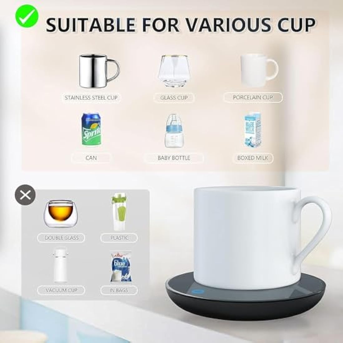 GARMEE Mug Warmer Coffee Warmer - Cup Warmer with 2 Temperature Settings Smart Tea Warmer Portable Beverage Warmer Drink Warmer for Office丨Desk丨Cocoa丨Coffee丨Tea丨Milk丨Hot Drinks（Excluding Cup）
