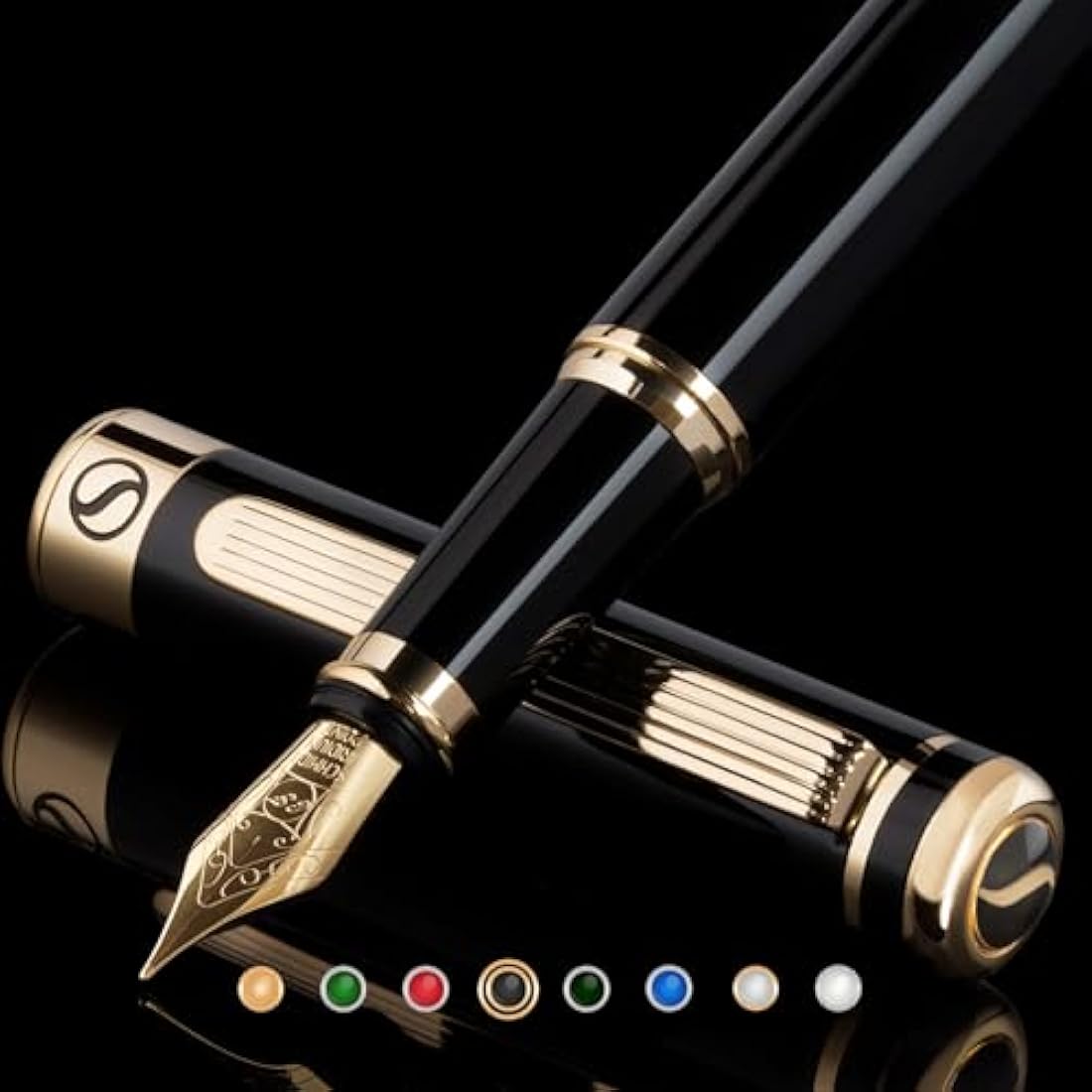 Scriveiner Black Lacquer Fountain Pen Stunning Pen, Real Gold Plating, Schmidt Gilded Nib (Extra Fine), Best Pen Gift Set for Men & Women, Professional, Executive, Office, Nice Pens