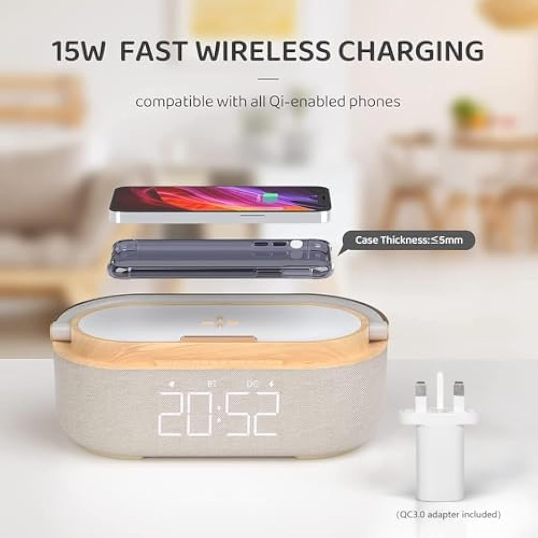 COLSUR Radio Alarm Clock Bluetooth Speaker, 15W Wireless Charger Alarm Clocks Bedside, Night Light, Loud Volume for Heavy Sleepers, Snooze, Dimmable LED Display, 2500mAh Battery