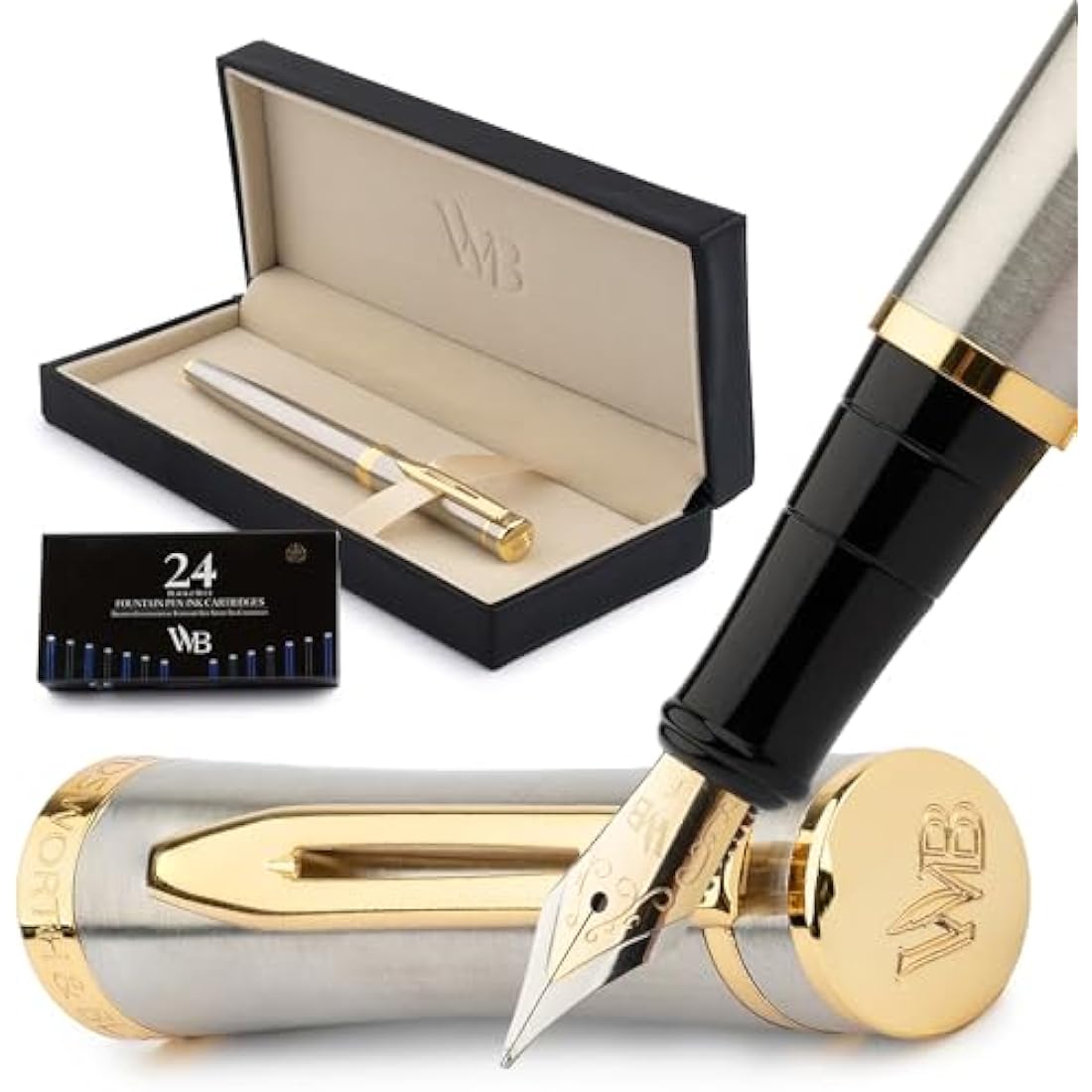 Wordsworth & Black Fountain Pen Set, 18K Gilded Fine Nib, Includes 24 Pack Ink Cartridges, Ink Refill Converter & Gift Box, Gold Finish, Calligraphy, [Silver Gold], Perfect for Men & Women