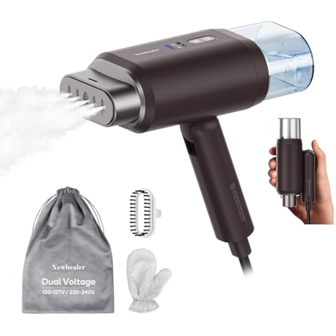 Newbealer Dual Voltage Travel Clothes Steamer - 220V/120V, 1200W Portable Garment Steamer with 180ml Detachable Water Tank, Horizontal & Vertical Steaming, Auto-Off, 20s Fast Heat Up, Brown