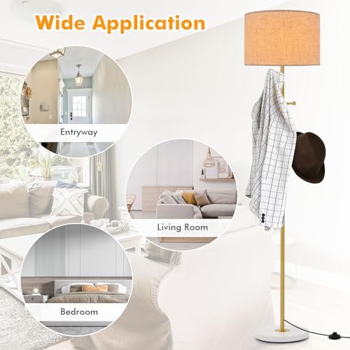 GiantexUK Floor Lamp with Coat Rack, Multi-Purpose Standing Lamp with Linen Fabric Lampshade, 5 Hooks, E27 Socket, Foot Switch & Large Base, Modern Reading Light for Living Room Bedroom Office