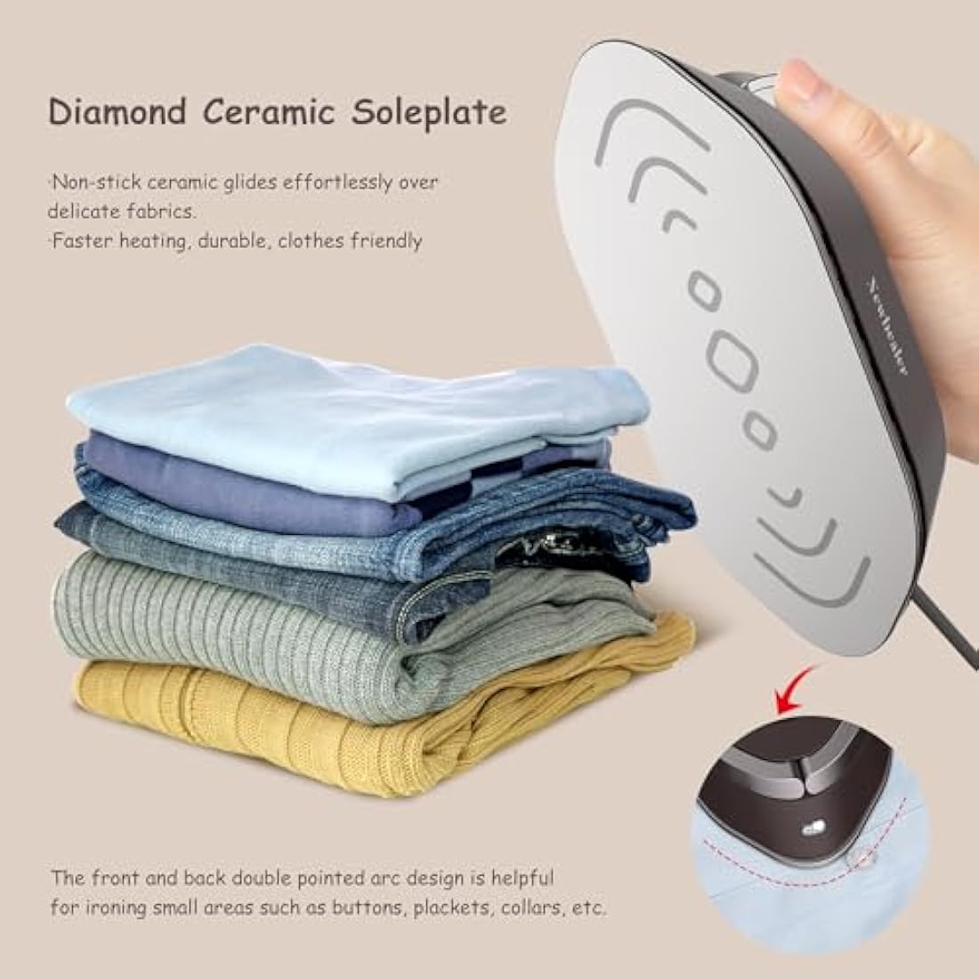 Newbealer Travel Iron - Mini Iron with Dual Voltage-220V/120V for Clothes, Compact Iron with Small Pouch for Global Travel, Quilting & Sewing, Brown