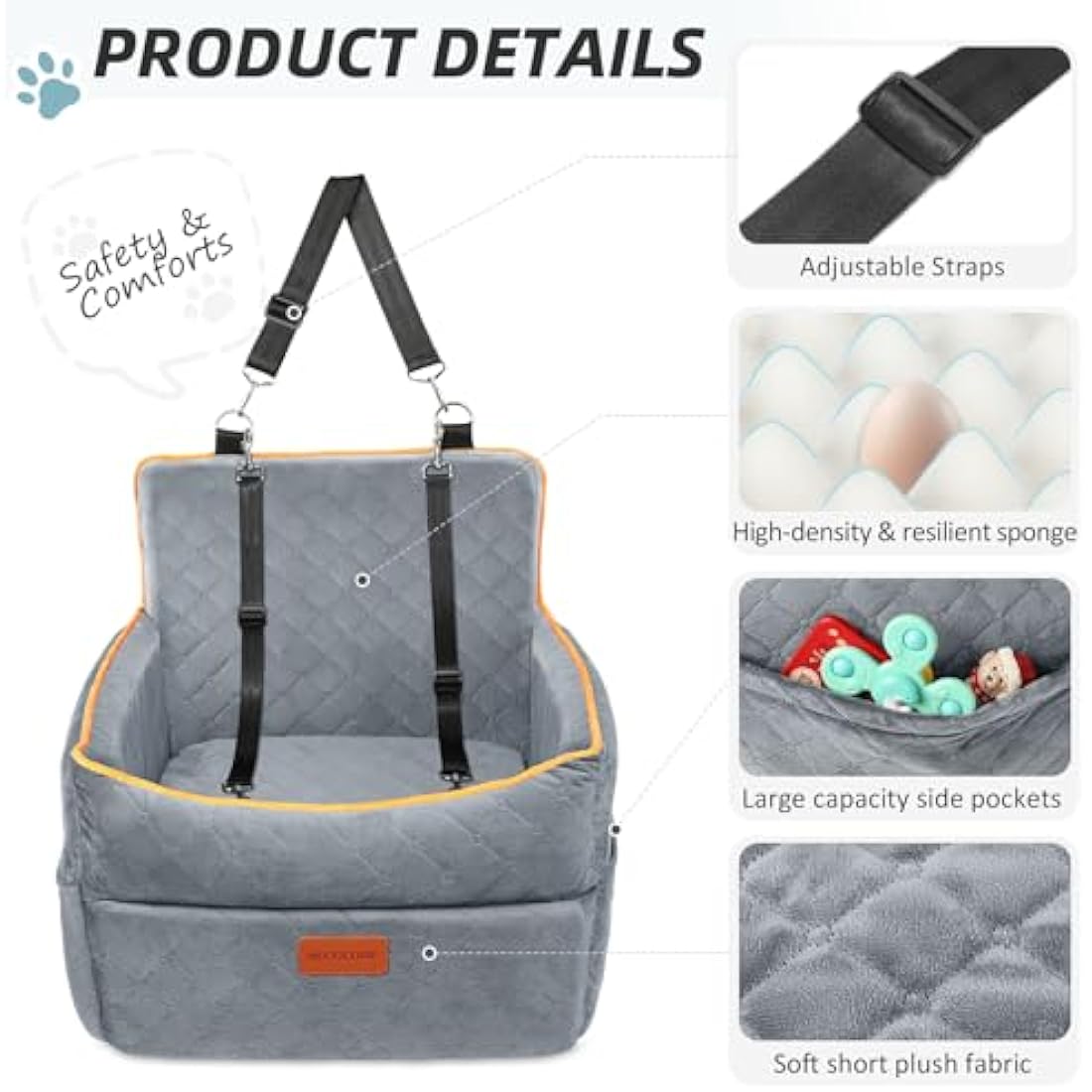 HEGGCOOE Small Dog Car Seat, Memory Foam Dog Booster Seats with Thick Cushion for Medium Dogs Under 35lbs, Detachable Washable Pet Car Seat with Storage Pockets,2 Safety Belts