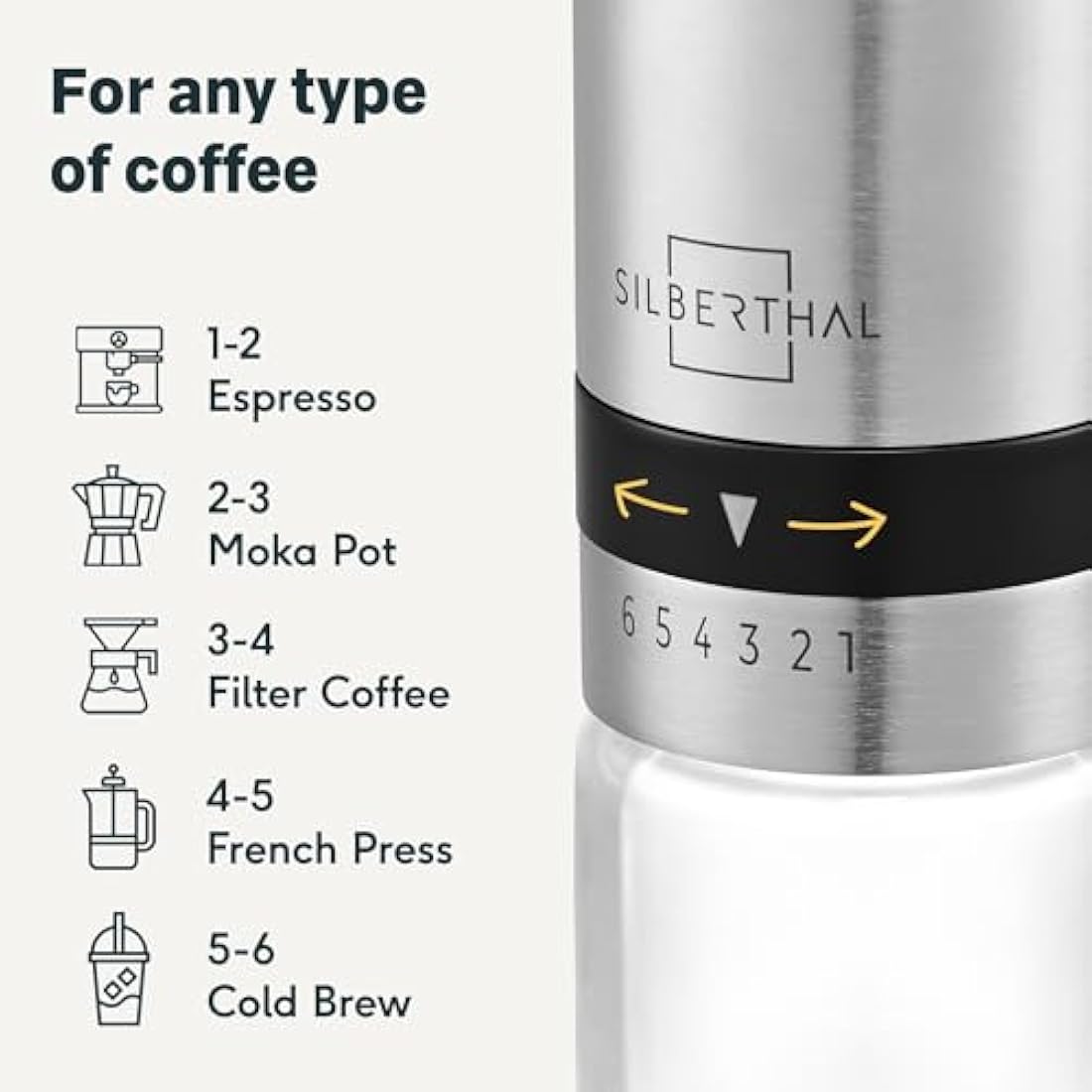 SILBERTHAL Manual Coffee Grinder – Stainless Steel – 6 Adjustable Levels – Portable Coffee Bean Grinder – with Storage Container and Cleaning Brush