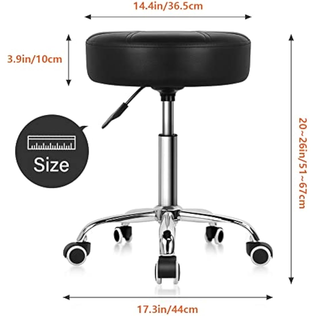 KKTONER Round Rolling Stool Chair PU Leather Height Adjustable Shop Stool Swivel Drafting Work SPA Salon Stools with Wheels Office Chair (Black)