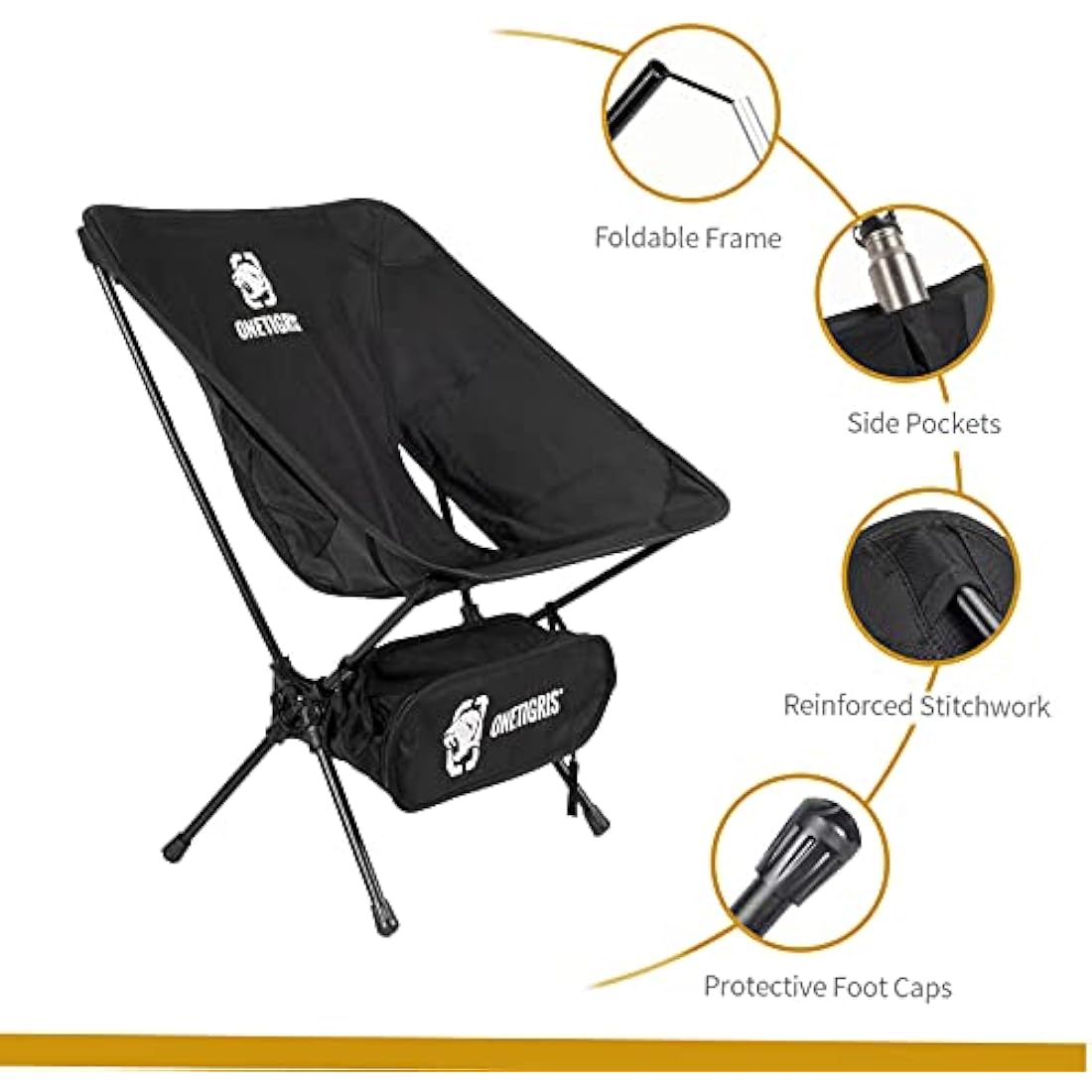 OneTigris PROMENADE Folding Camping Chair, 150kg Capacity Compact Outdoor Chair for Camping Hiking Garden Travel Beach Picnic Lightweight Backpacking