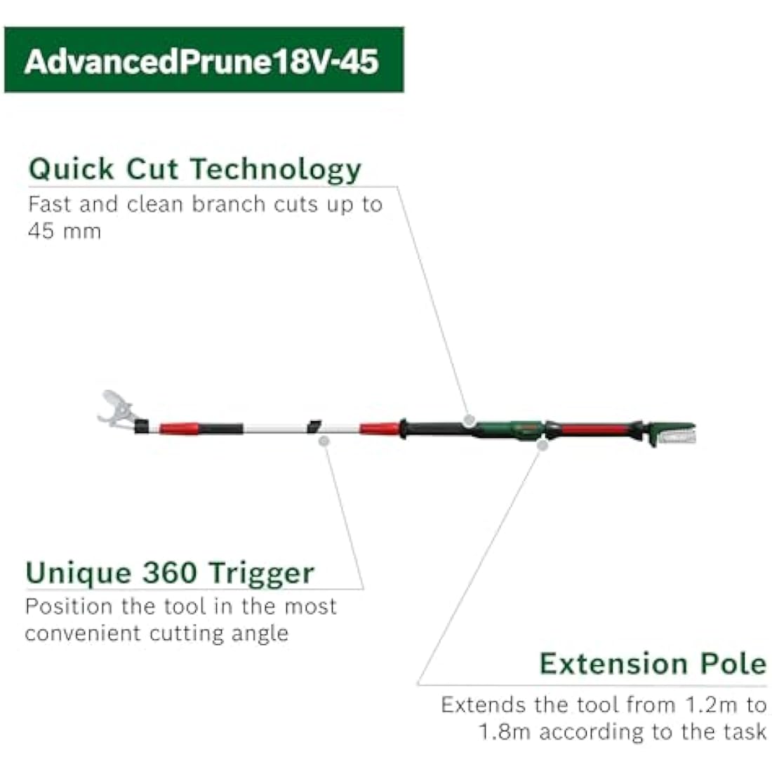 Bosch Cordless Pruner AdvancedPrune 18V-45 (for Effortless Cutting of Branches Up to 45mm; 18 Volt System; Up to 600 Cuts; with Extension Pole, Without Battery Or Charger)