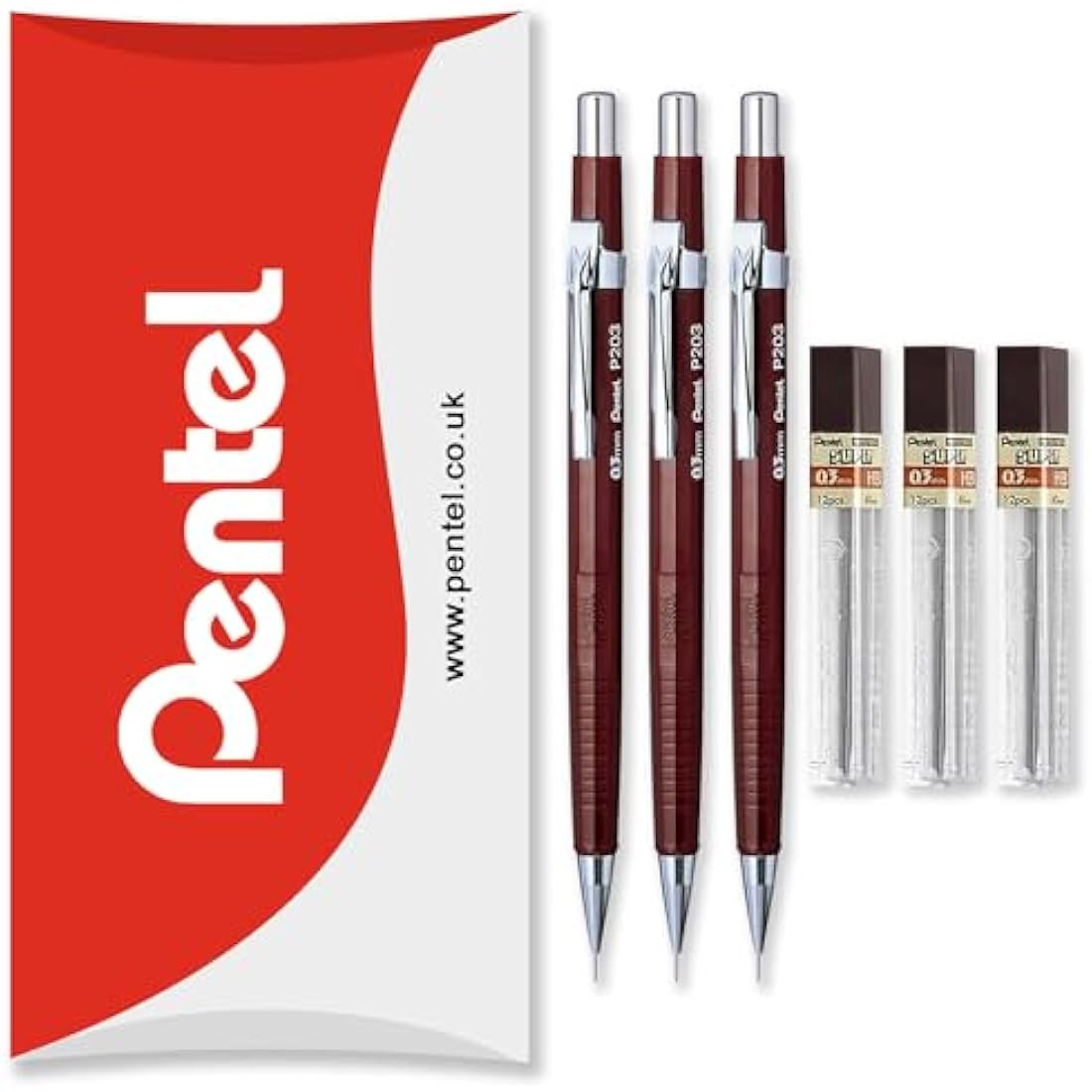 Pentel P200 Series Automatic Mechanical Pencils - HB Lead - 3 x Pencils + 3 Tubes of Refill Leads - In Pillow Packaging (P203 (0.3mm))
