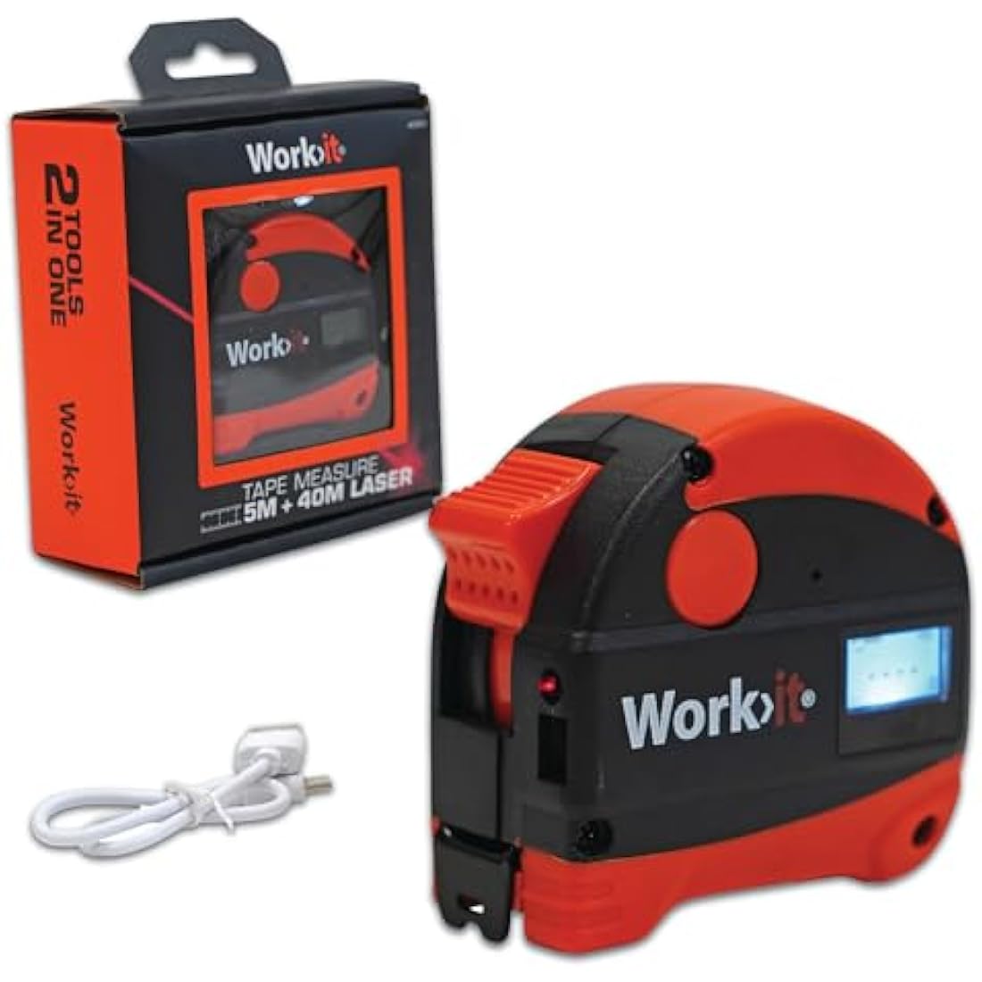 Work>it® Tape Measure with Laser Rangefinder 5m + 40m - High Precision Measurement, Magnetic End, USB Charging, Black/orange
