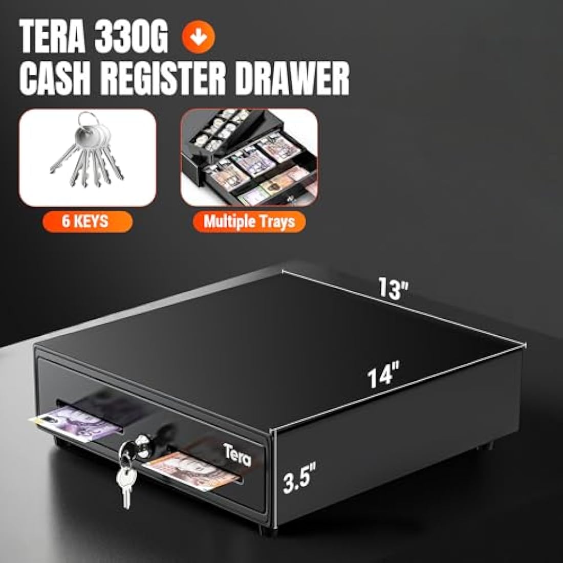 Tera 13" Cash Register Drawer Auto Open with 3 Bill 8 Coin Cash Tray 6 Keys Removable Coin Compartment Key-Lock 24V RJ12 Interface Media Slot for Point of Sale POS System Shop Business 330G