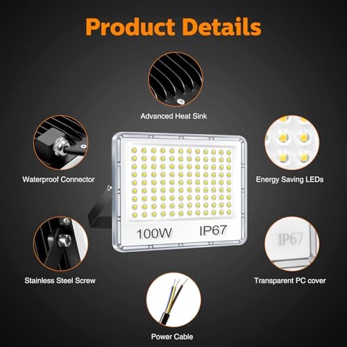 YIQIBRO 100W LED Floodlight Outdoor 2 Pack, IP67 Waterproof Outside Security Lights, 10000LM 7000K Cool White LED Floods Light Outdoor Spotlight for Garden, Garage, Warehouse, Workshop, Factory