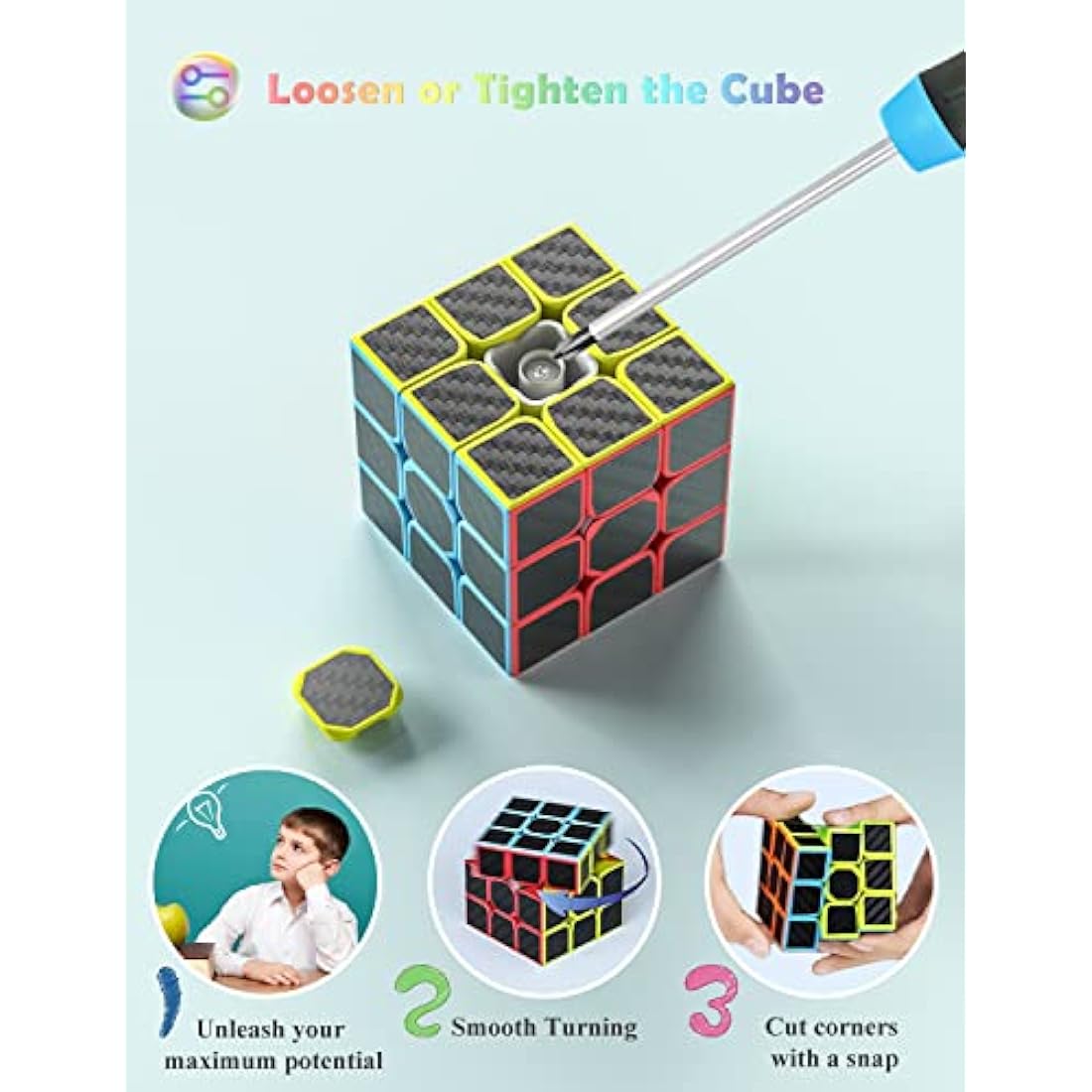 ROXENDA Speed Cube Set, 2X2 3X3 Pyramid Speed Cube Carbon Fiber Puzzle Cube with Instruction (Carbon Fiber Cube Set)