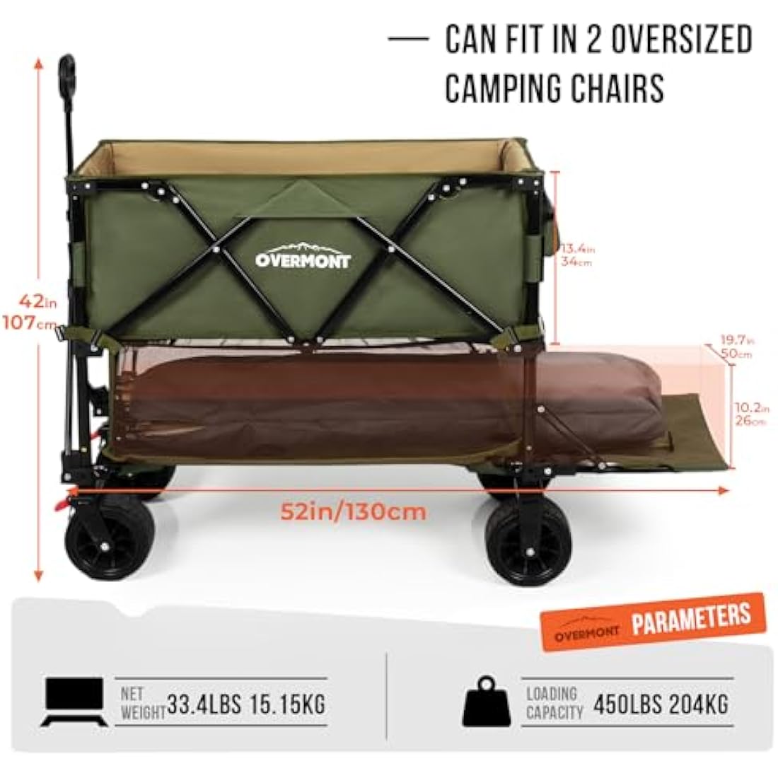 Overmont 400L Folding Double Decker Wagon - All-Terrain Detachable Big Wheels 200kg Capacity Collapsible Festival Wagon for Camping Sports Shopping Garden and Beach Green