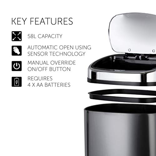 Tower T80902 Kitchen Bin with Sensor Lid, Automatic Soft-Close, Manual Override, 58 Litre, Charcoal