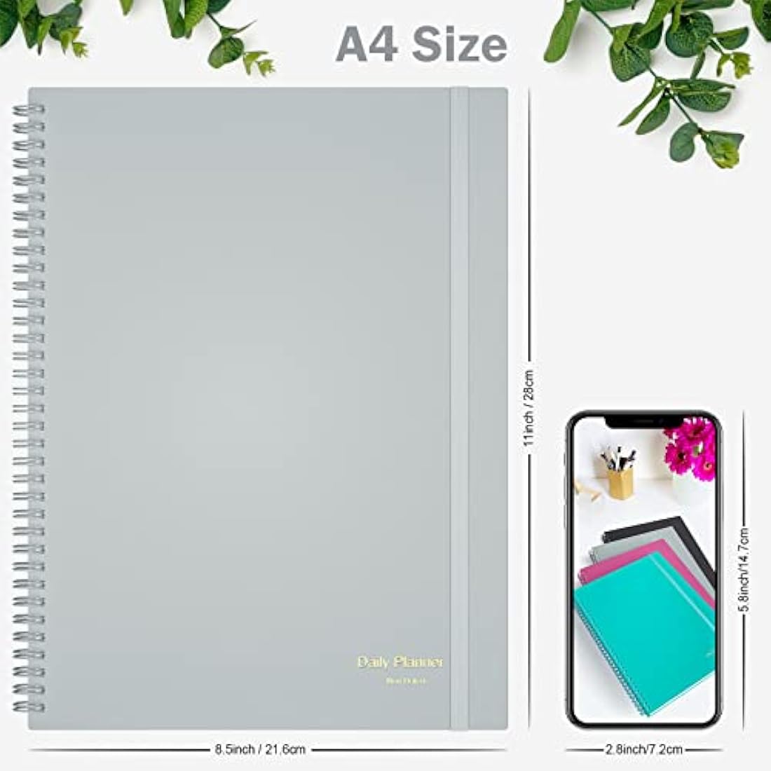 Planner Undated, Asten Daily Planner Agenda with to Do List, Hourly Schedules for Women and Men, Spiral Appointment Book with Elastic Closure, Inner Pocket 21.6 x 28cm (Gray)
