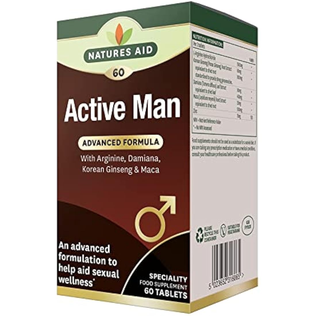 Natures Aid Active Man Tablets - High Strength Supplement with Zinc Maca Ginseng and Damiana - Supports Men’s Health Energy Vitality Immunity and Performance - Vegan Gluten Free Non-GMO - 60 Tablets