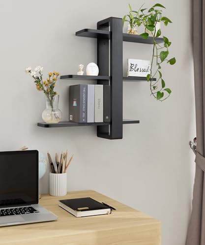SUMGAR Floating Shelves Black for Wall Mounted Shelving Unit All Pine Wood 50CM 3 Tier Large Shelf for Bedroom Living Room Office Bathroom Home