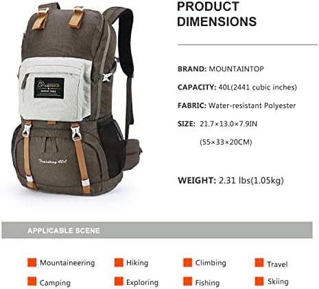MOUNTAINTOP 40L Hiking Backpack Water Resistant Mens Women Rucksack for Trekking, Traveling, Camping, Cycling, Climbing