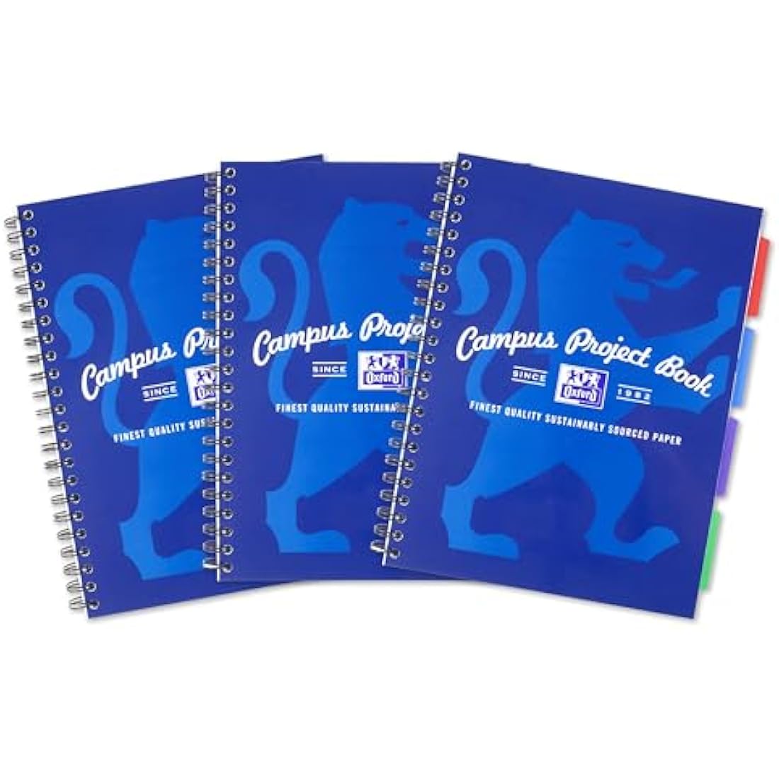 Oxford Campus A4 Project Notebook with Dividers, Wirebound, 8 mm Lined with Margin, 200 pages, Pack of 3, Optik Paper+, Blue