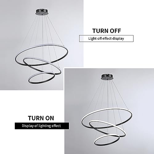Led Pendant,Dimmable 3 Ring Acrylic Chandelier Lighting Fixture,Black Adjustable Chandeliers Ceiling Light for Kitchen Island Dining Room Living Room Bedroom Foyer Hanging 20+40+60Cm/(7.87+15.7+23.6)