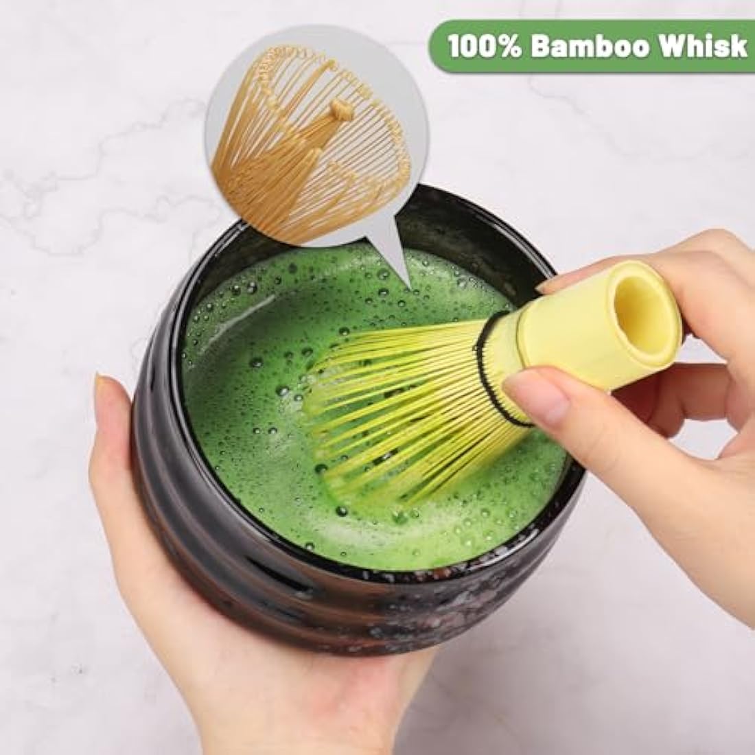 Geebuzz Matcha Whisk Set - Matcha Bowl and Bamboo Matcha Whisk, Scoop, Spoon, Sifter, Whisk Holder, 6pcs Perfect Matcha Starter Kit for Matcha Tea Ceremony (Black)