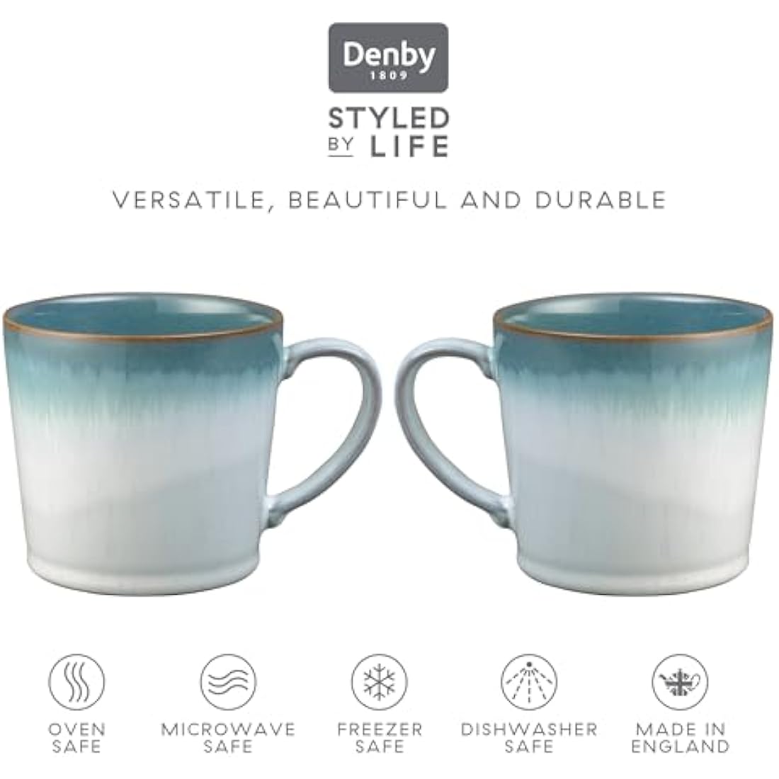 Denby - Azure Haze Blue Coffee Mug Set of 2-400ml Large Stoneware Ceramic Tea Mug Set for Home & Office - Dishwasher Safe, Microwave Safe - Blue, White Reactive Gradient Glaze - Chip Resistant