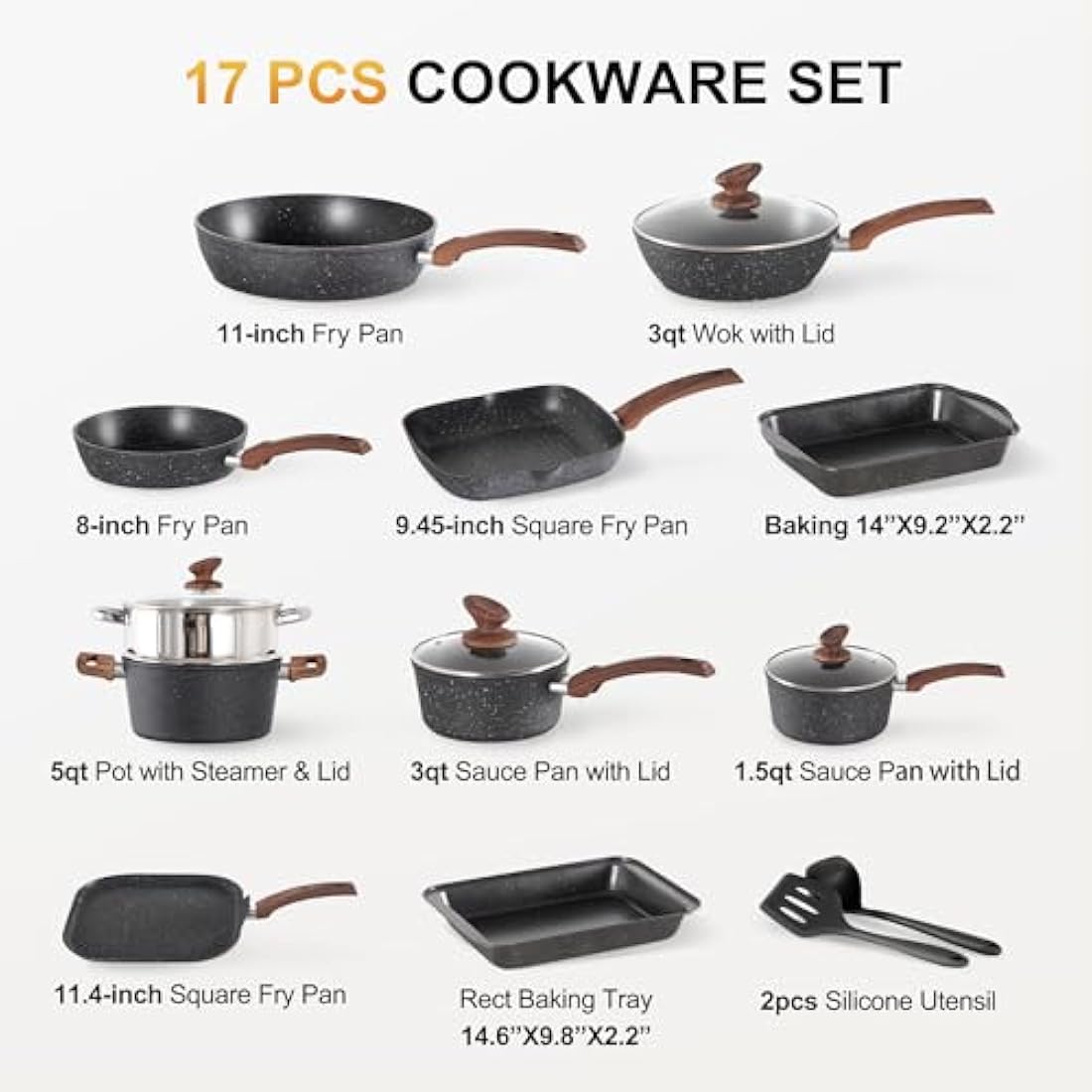 Kitchen Academy Non-Stick Pots and Pans Set, 17 Piece Granite-Coated Kitchen Cookware Set, Induction Cooking Saucepan Set, Black