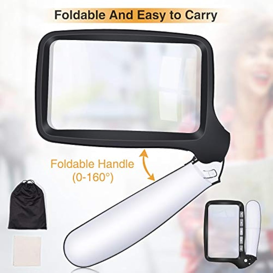 Kaome Rectangular Magnifying Glass with Light Magnifier Large Foldable Handheld 5 LED, 2 Dimming Modes, 2X Magnifying Reading for Seniors Low Vision Books Pages Magazines Newspapers Maps Jewelry