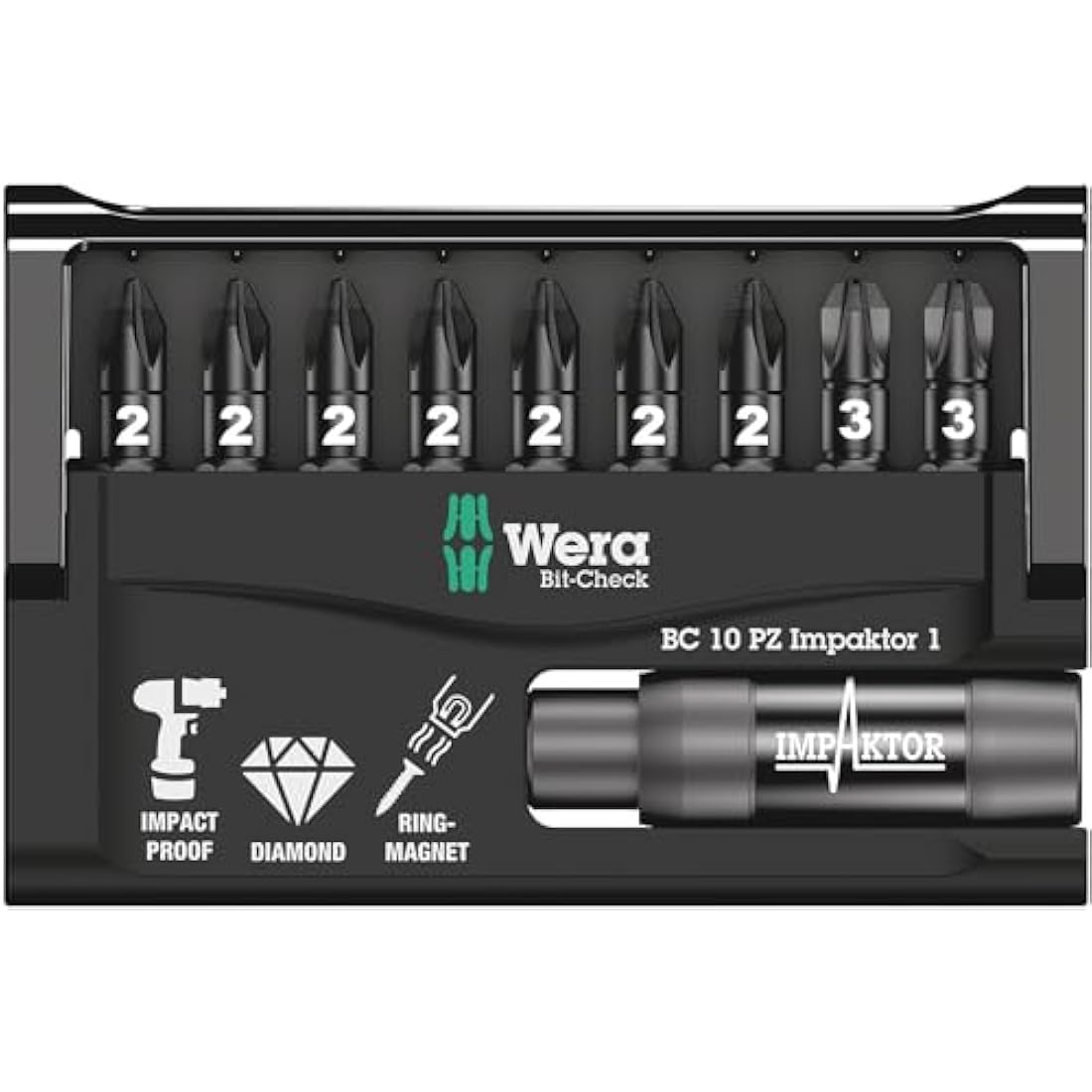 Wera Bit-Check 10 PZ Impaktor 1 TriTorsion Long Life Pozidriv bit set for all impact drills, with Impaktor holder, 10pc, 05057684001