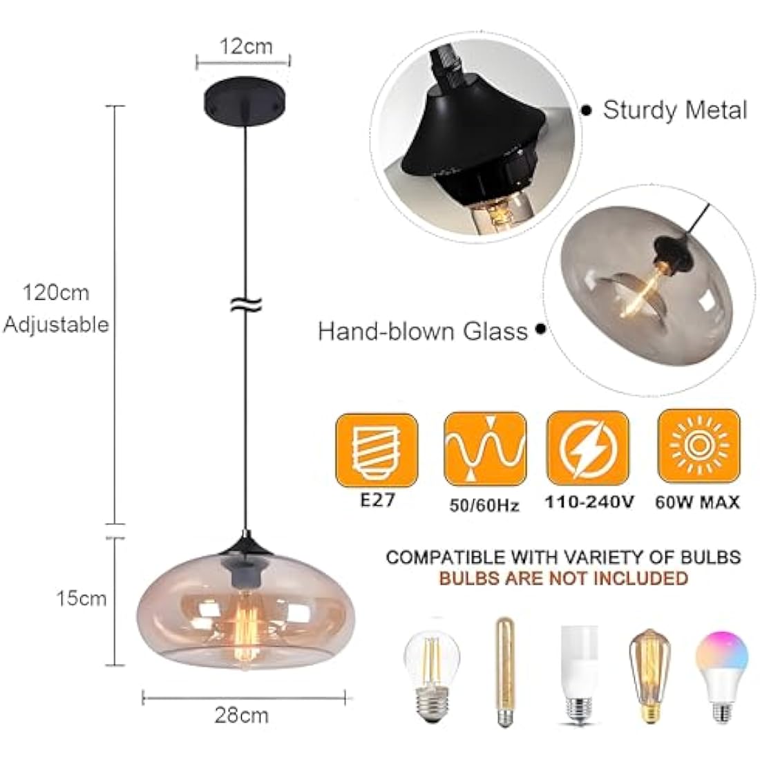 HJXDtech Pendant Light with 28cm Glass Lampsahde, Industrial Vintage Loft Bar E27 Ceiling Hanging Lamp for Kitchen, Dining &Living Room (Silver)