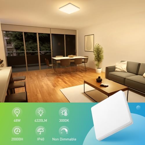 Yafido LED Square Ceiling Light Fitting 48W 4320LM, Warm White 3000K, IP44 Waterproof, 30CM Modern Ultra Bright Lighting Fixture 220V for Bathroom Kitchen Living Room Roof Office