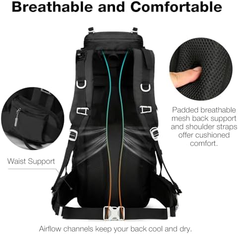 Outplea 60L Hiking Backpack Waterproof for Men Women, Large Camping Backpack with Rain Cover, Mesh Back Hiking Backpack for Travel Trekking Backpacking