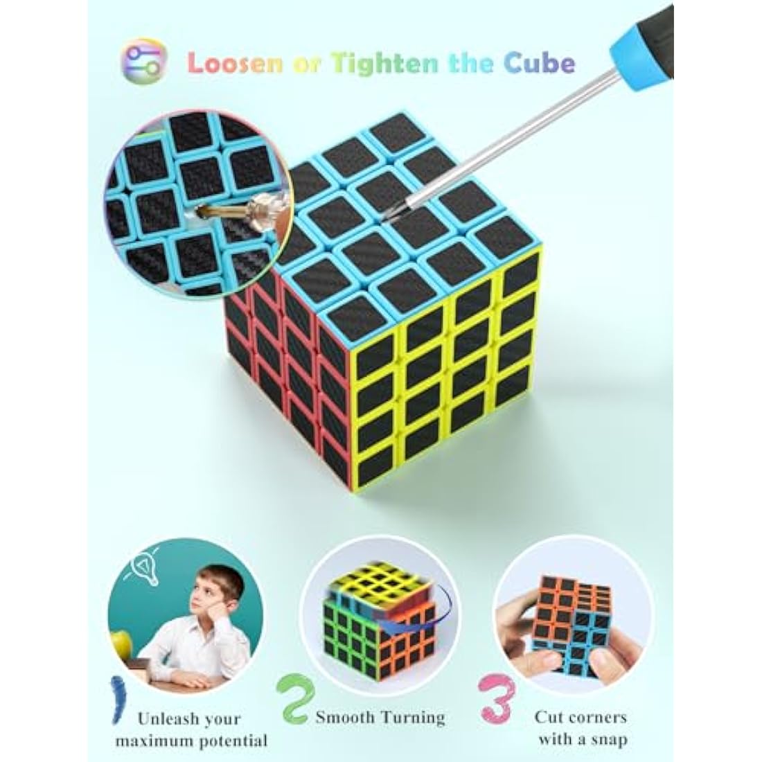 ROXENDA Speed Cube, Magic Puzzle Cube Super-durable Carbon Fiber Sticker with Vivid Colors for Kids (4x4x4)