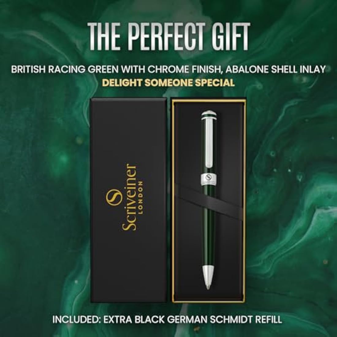 Scriveiner Green Ballpoint - Stunning British Racing Green Luxury Pen, Chrome Finish, Schmidt Black Refill, Best Ball Pen Gift Set for Men & Women, Professional Executive Office