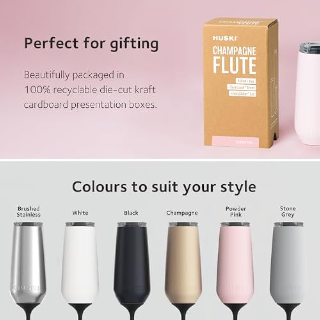 Huski Champagne Flute | New | Award-Winning Design with Detachable Stem | Premium Stainless Steel Champagne Glass with Lid | Triple Insulated Tumbler | 240ml Capacity | Great Gift (Black)